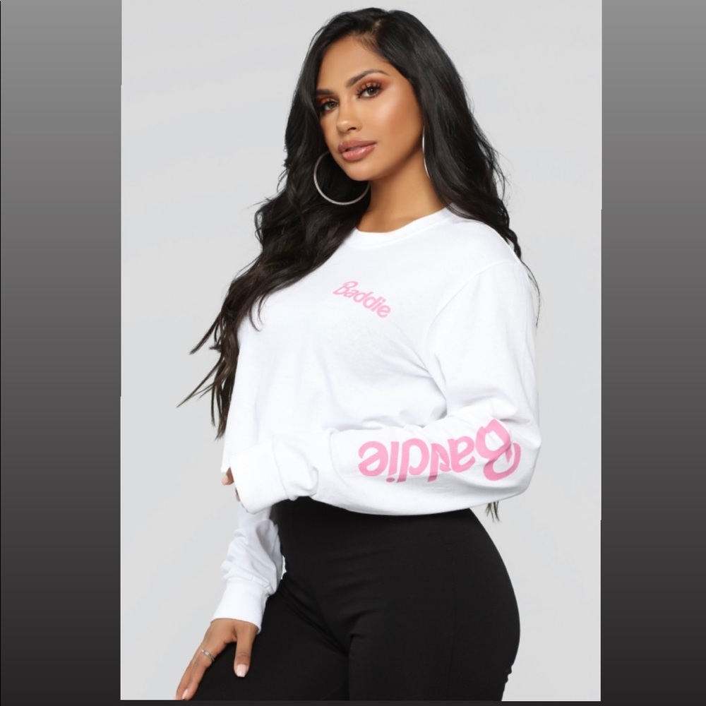 Fashion Nova White Baddie Crop Long Sleeve Shirt